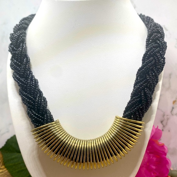 Jewelry - Black seed bead wide choker necklace with gold tone
